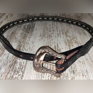 Woven Black Leather Western-Style Belt with Decorative Silver Buckle